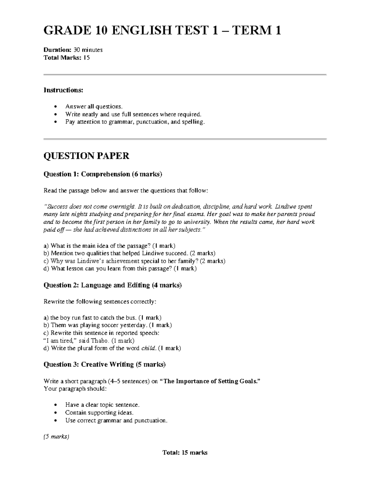 Grade 10 English TEST 1 - Practice Questions and Answers - Studocu