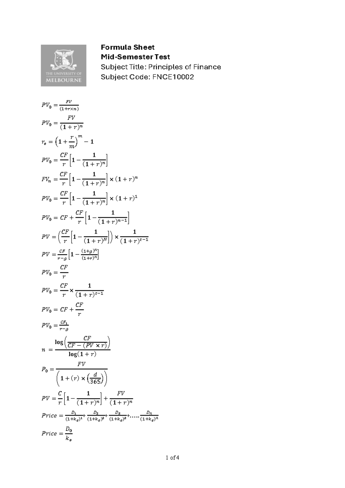 Formula Sheet for FNCE10002: Principles of Finance Final Exam - Studocu