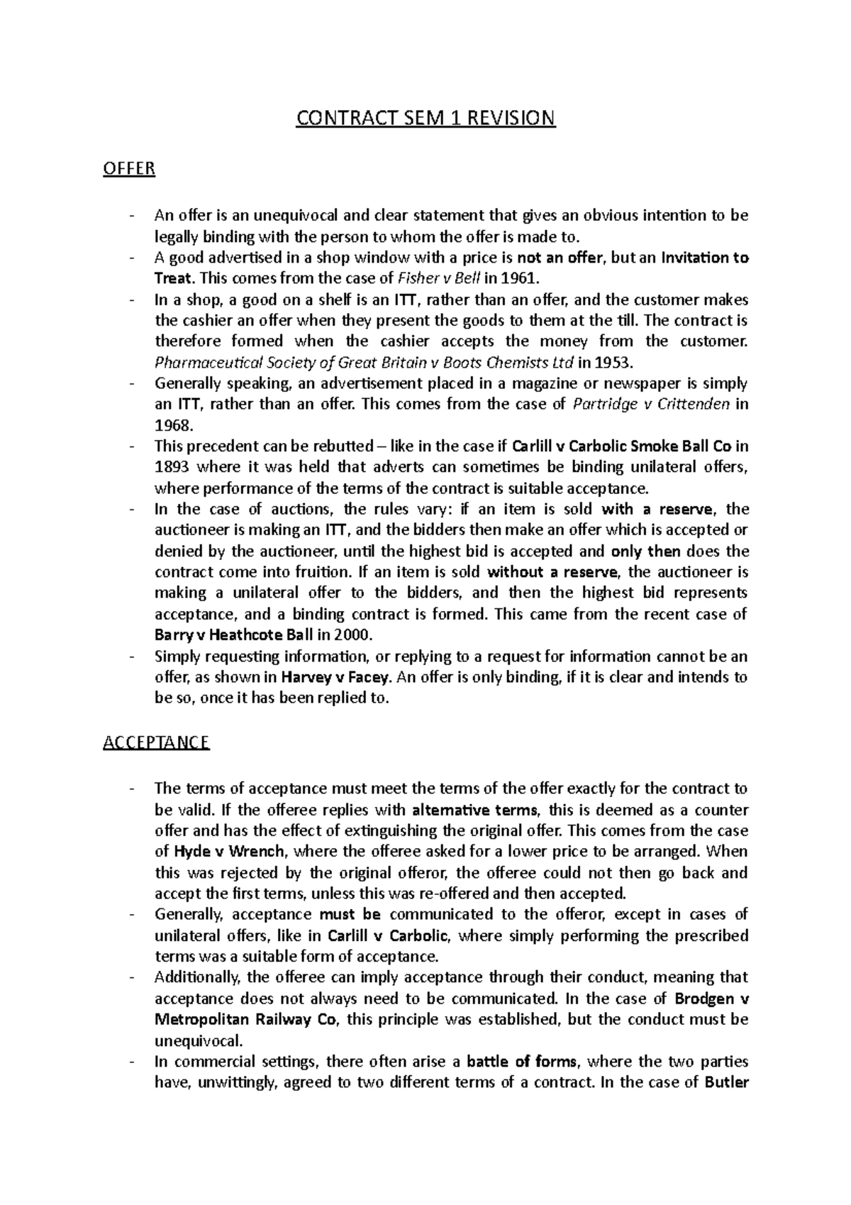 Contract Law Exam Cheatsheet: Key Concepts & Case Summaries - Studocu