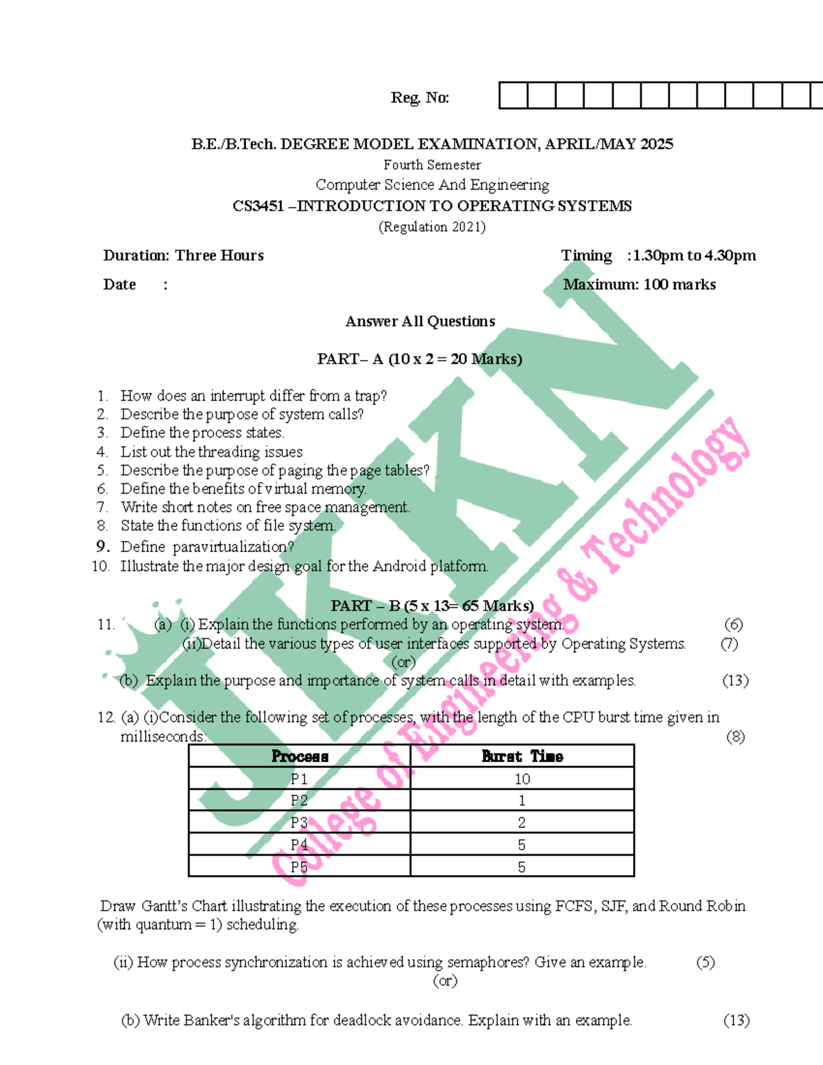 CS3451 Final Exam Model Questions for Operating Systems 2025 - Studocu