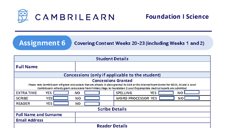 Foundation I Science Assignment 6: Weeks 1-2 Overview and Instructions ...