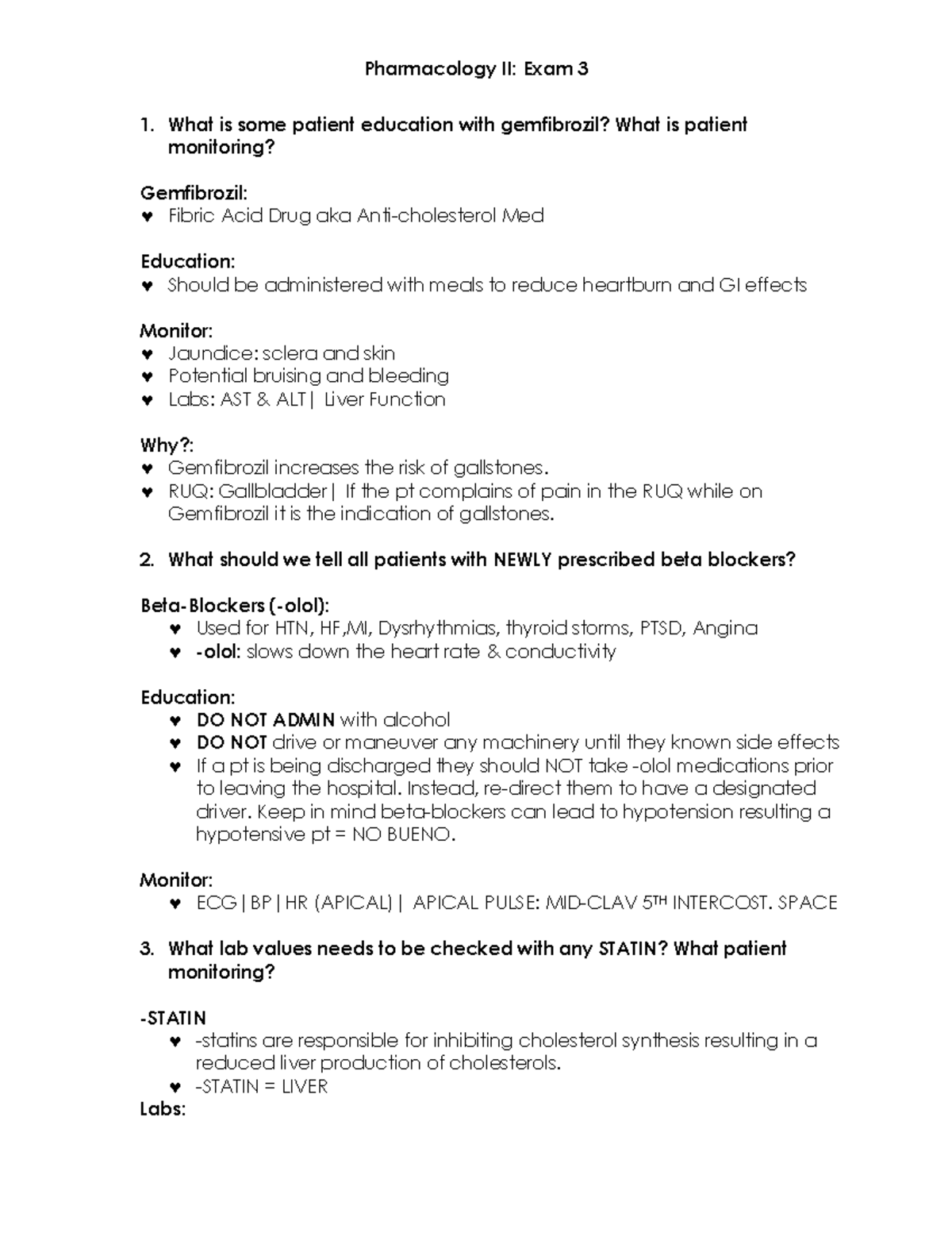 Pharmacology II: Cardiac Study Guide for Exam 3 - Studocu