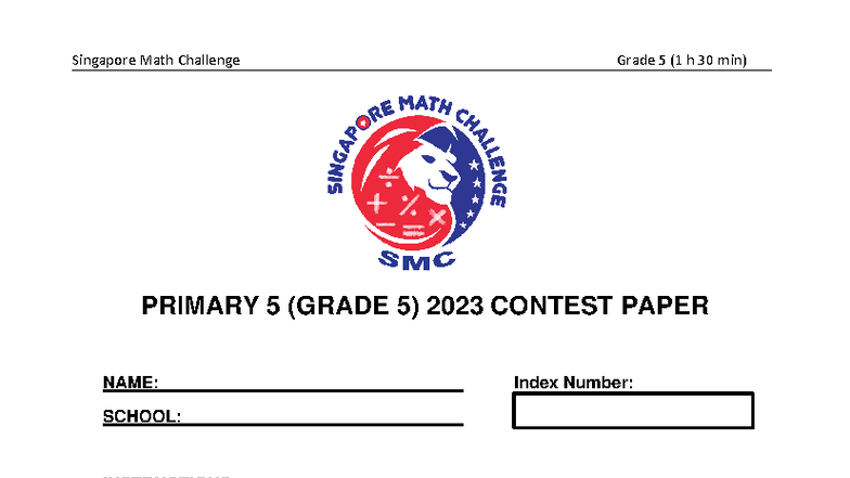 2023 Singapore Math Challenge Grade 5 Contest Paper (1h 30min) - Studocu