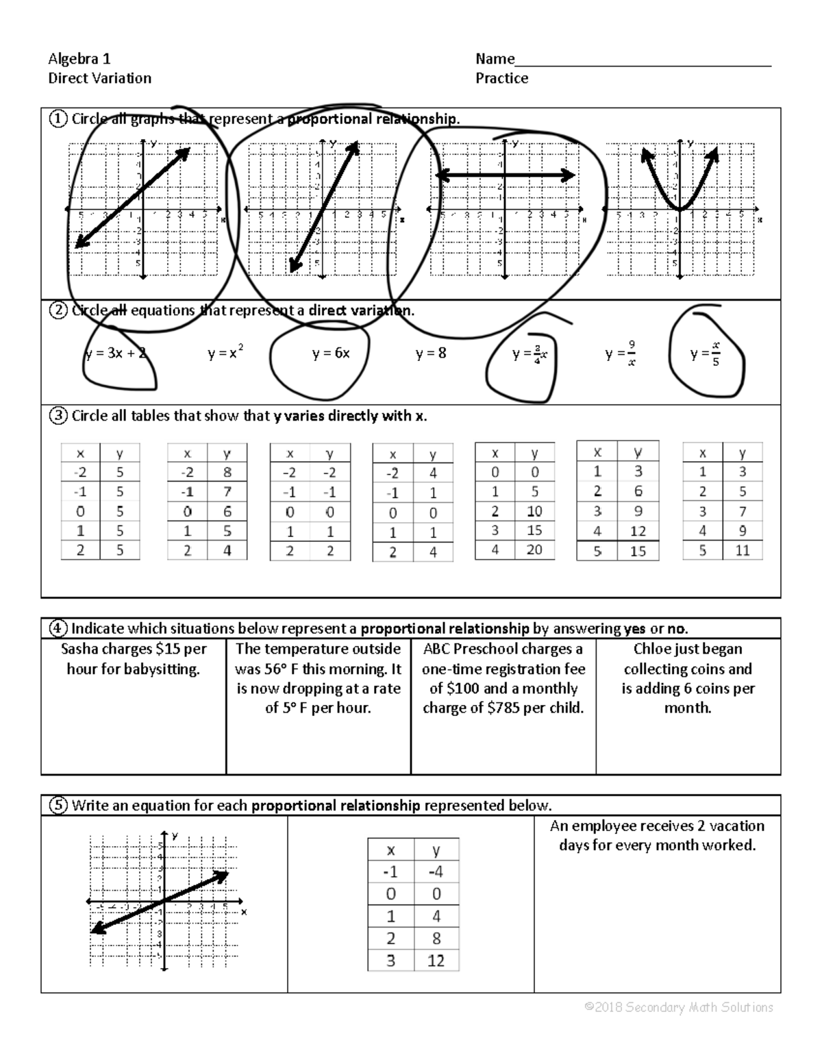Day+5+Direct+Variation+Practice - ©2018 Secondary Math Solutions ...