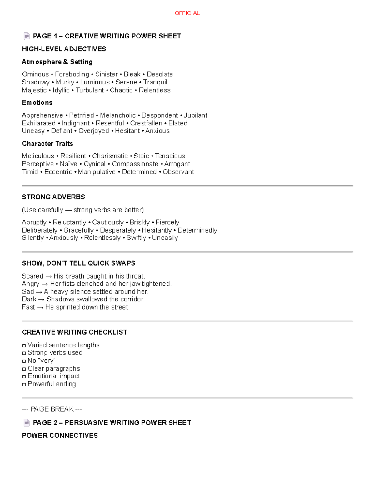 ENG 201 Creative Writing & Persuasive Writing Power Sheet - Studocu