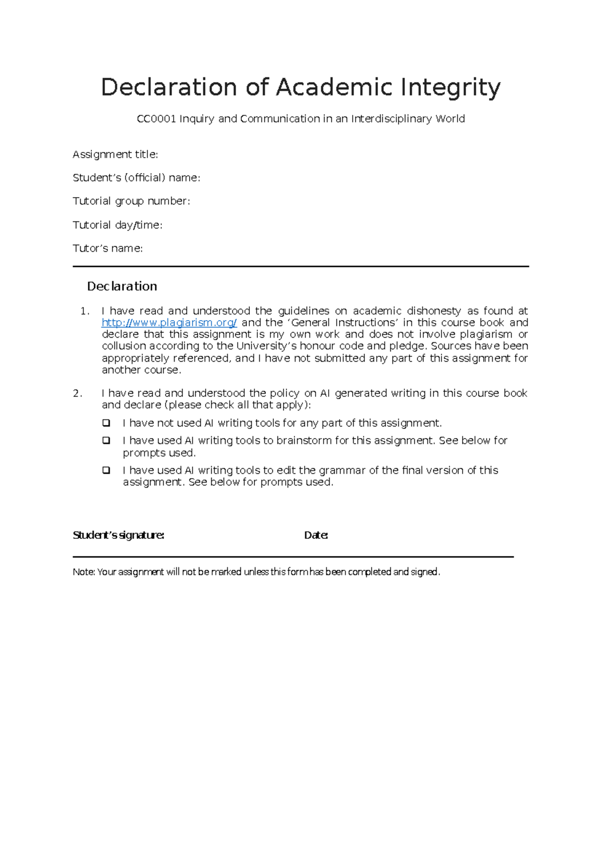 CC0001 Declaration of Academic Integrity for Assignments - Studocu