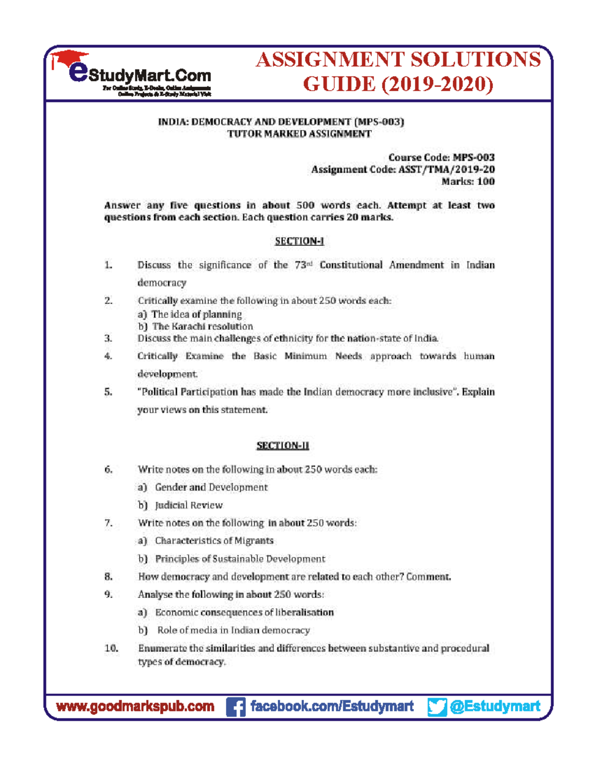 MPS 3 EM - Assignment Solutions on Democracy and Development - Studocu