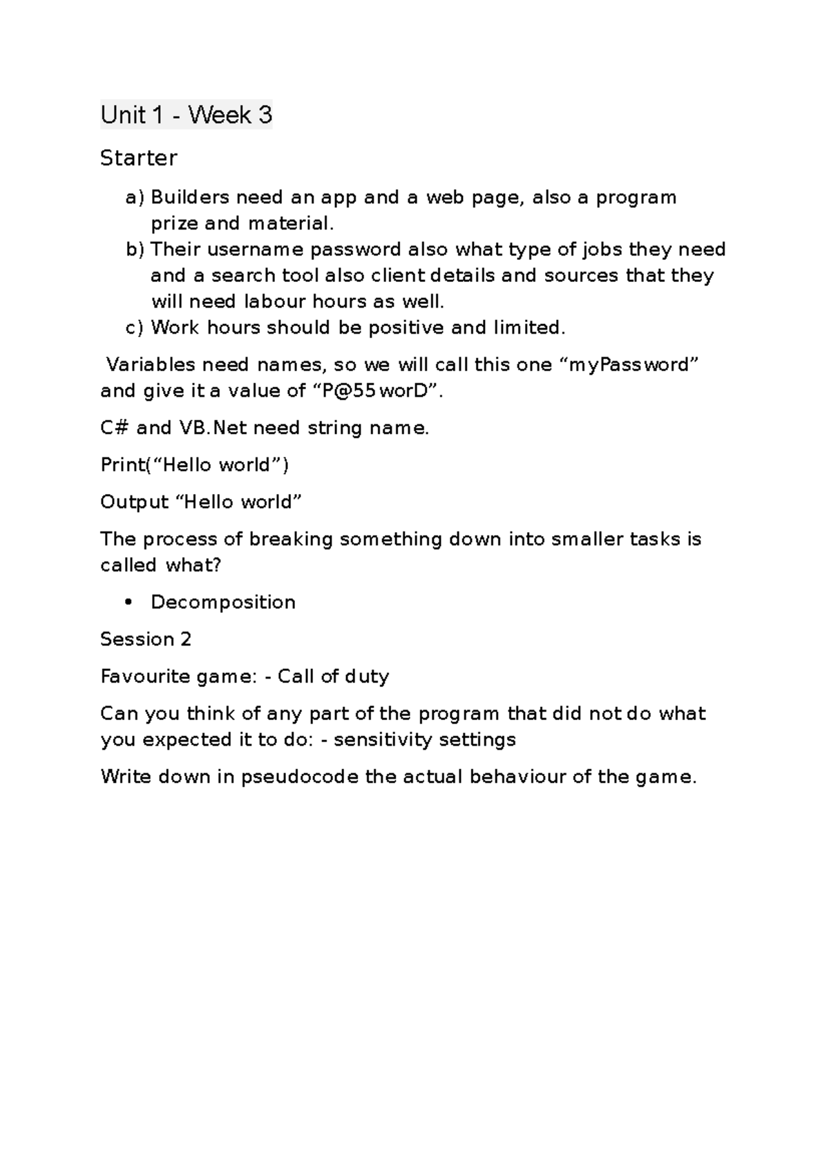 Unit 1 - Week 3 - fdh - Unit 1 - Week 3 Starter a) Builders need an app ...