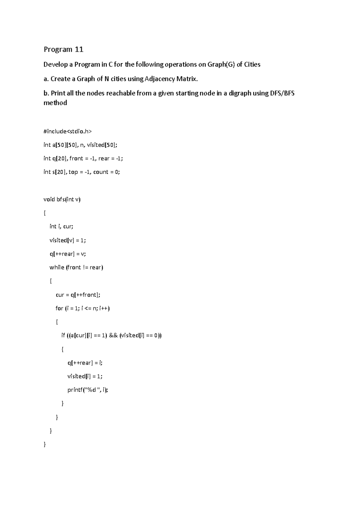 Program 11: C Implementation of Graph Operations on Cities - Studocu