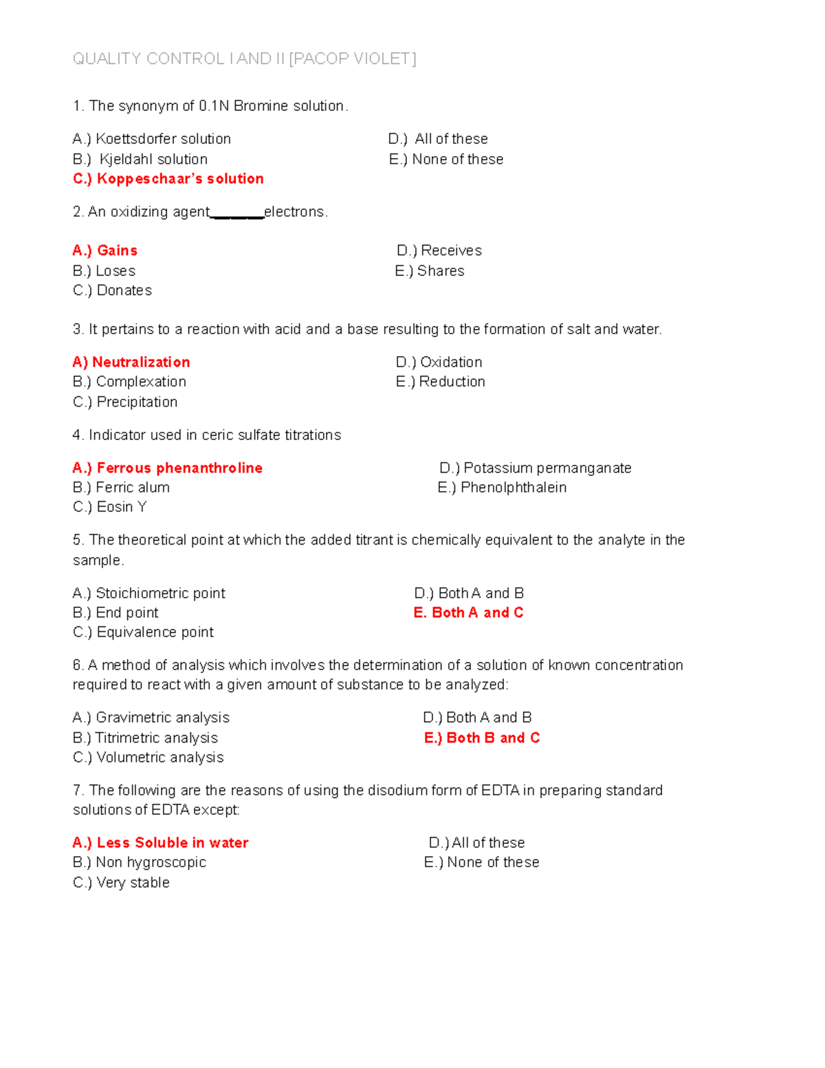QUALITY CONTROL I AND II - Exam Review Questions and Answers - Studocu