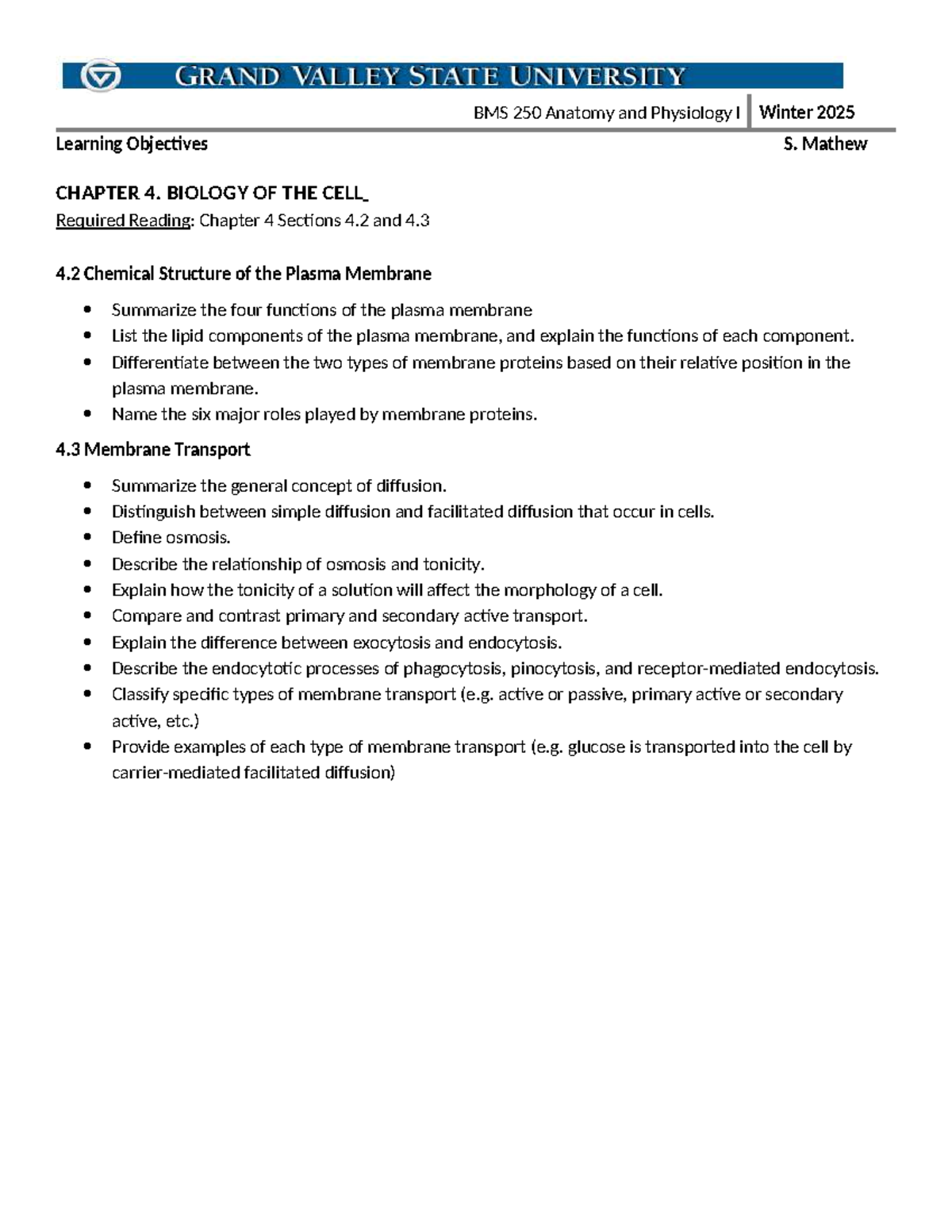 BMS 250 Anatomy & Physiology I W25: Chapter 4 Learning Objectives - Studocu