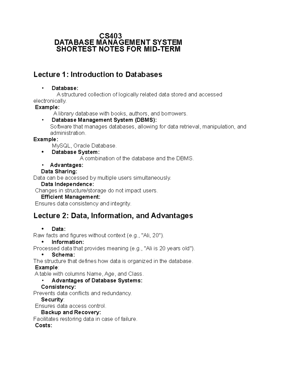 CS Database Management System Mid-Term Notes: Key Concepts and Lectures ...