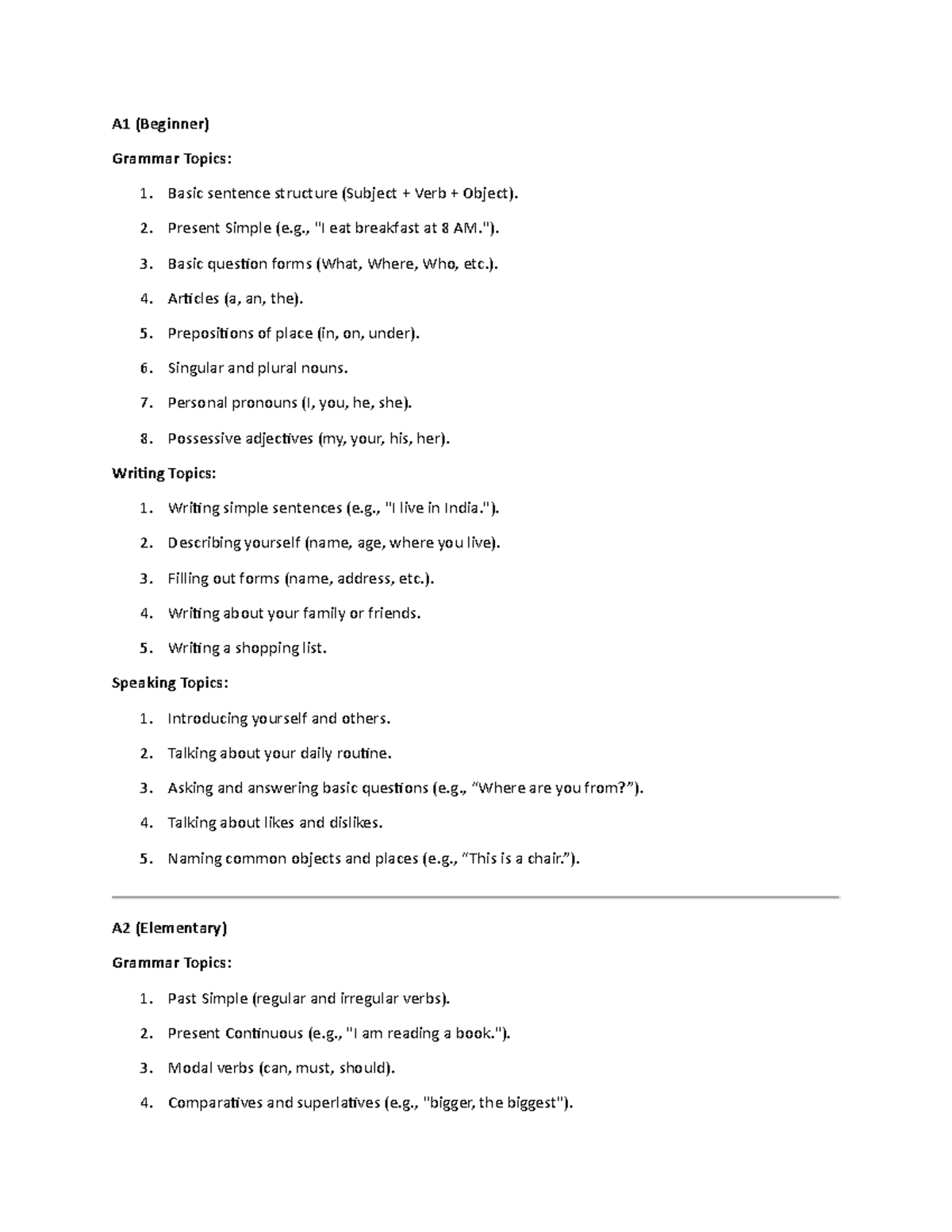 A1 to C2 - ............. - A1 (Beginner) Grammar Topics: 1. Basic ...