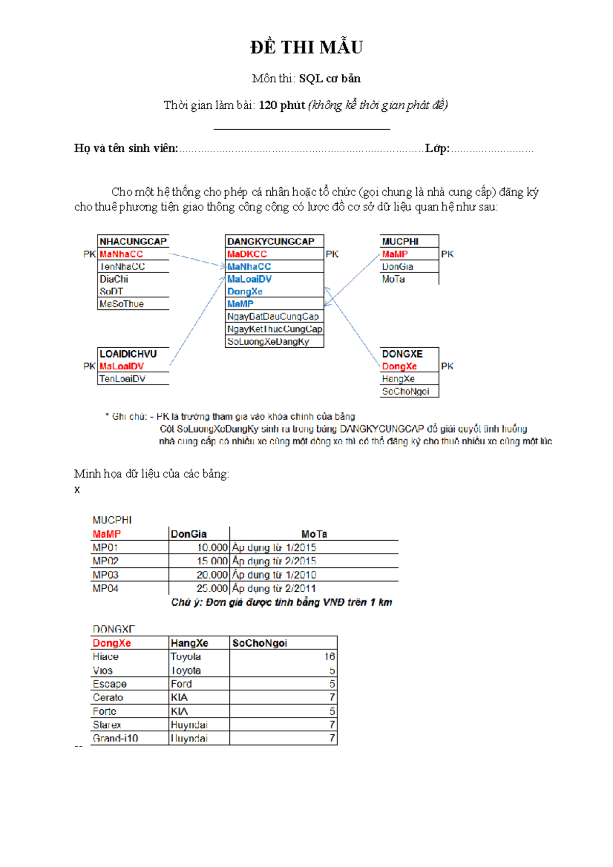Đề thi mẫu SQL Cơ bản - Đề thi cơ sở dữ liệu (SQL101) - Studocu
