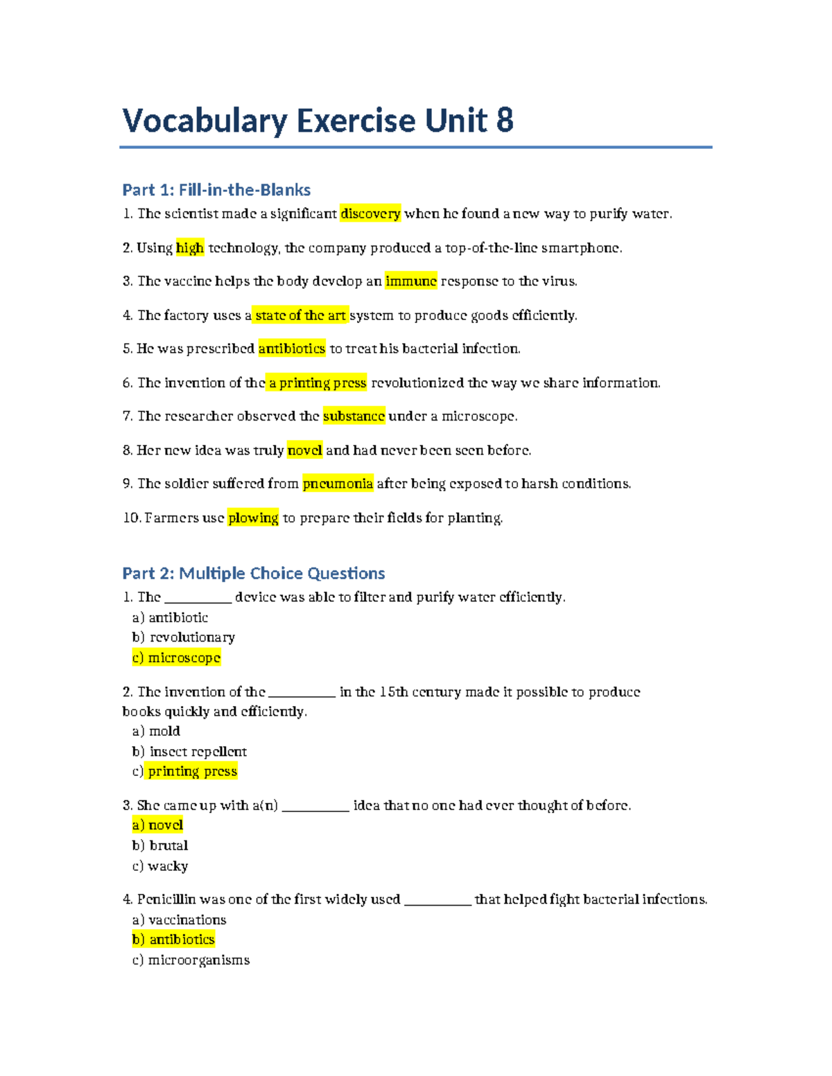 Vocabulary Exercise Unit 8: Key Concepts & Questions - Studocu