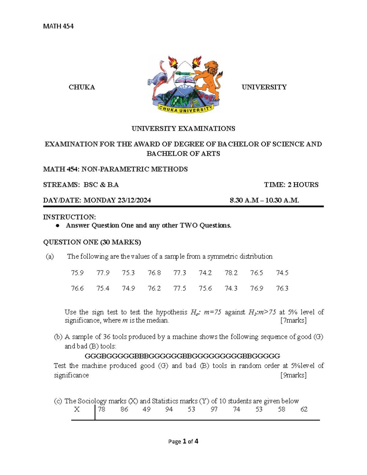 MATH 454 - Chuka University Final Exam: Statistical Methods ...