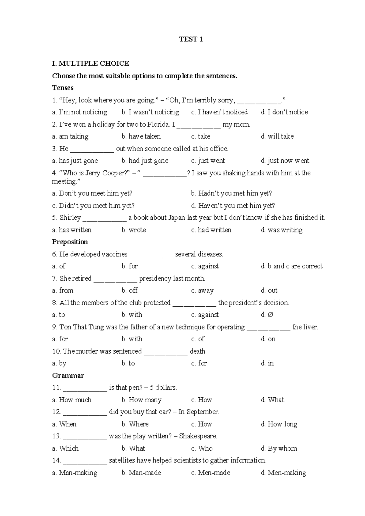 TEST 1 - Unit 2: Multiple Choice & Vocabulary Exercises - Studocu