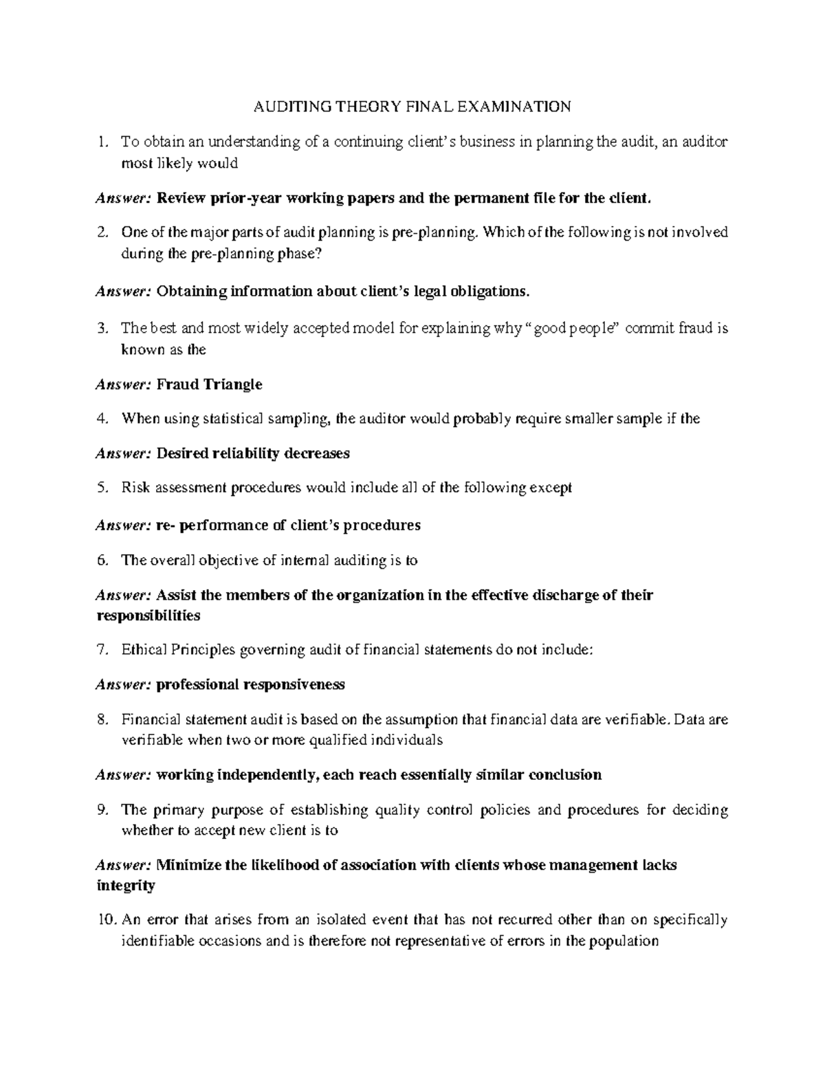 Auditing Theory FIN 301 Final Exam Comprehensive Review - Studocu