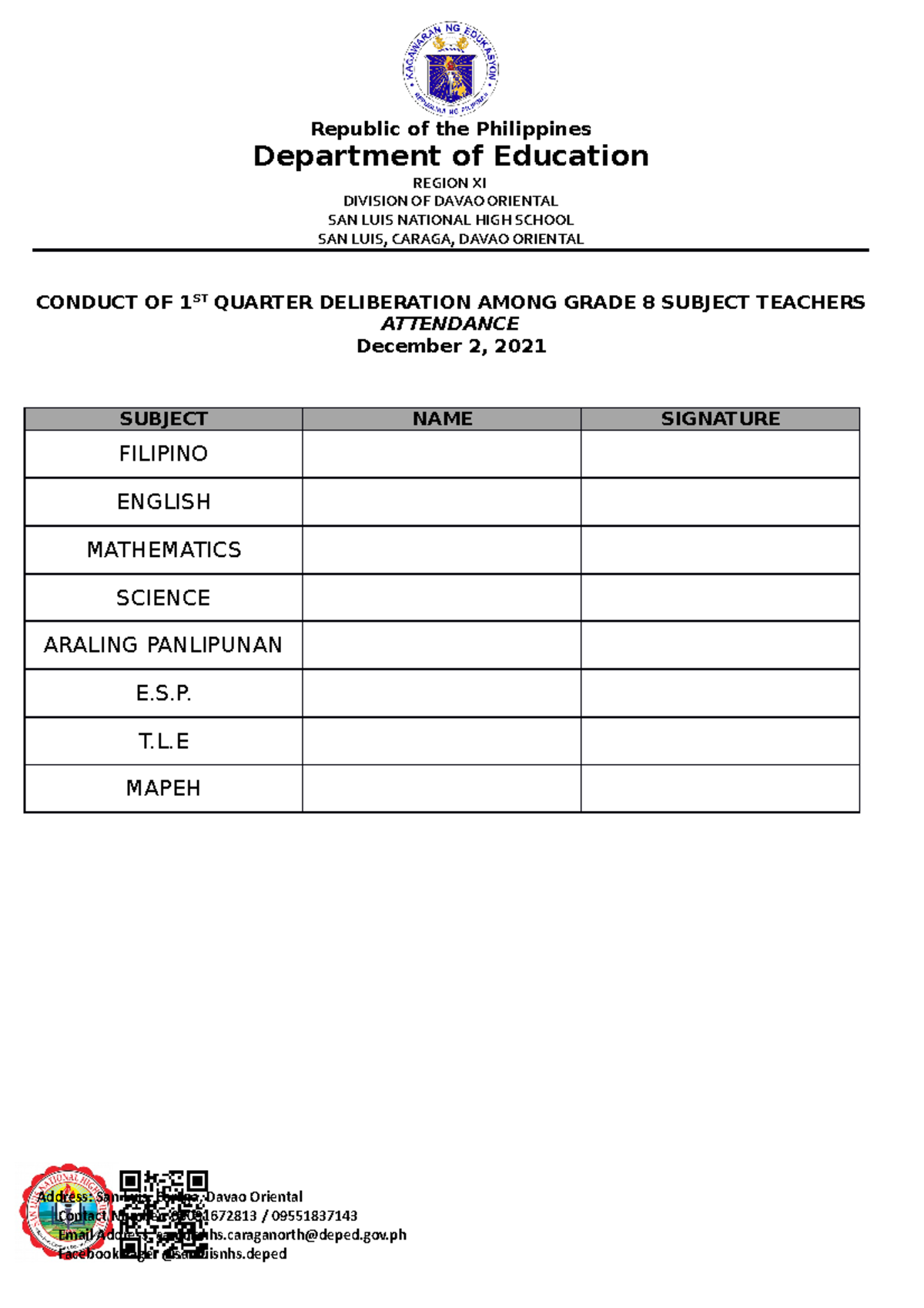 Grade 8 Attendance Report for 1st Quarter Deliberation Meeting - Studocu