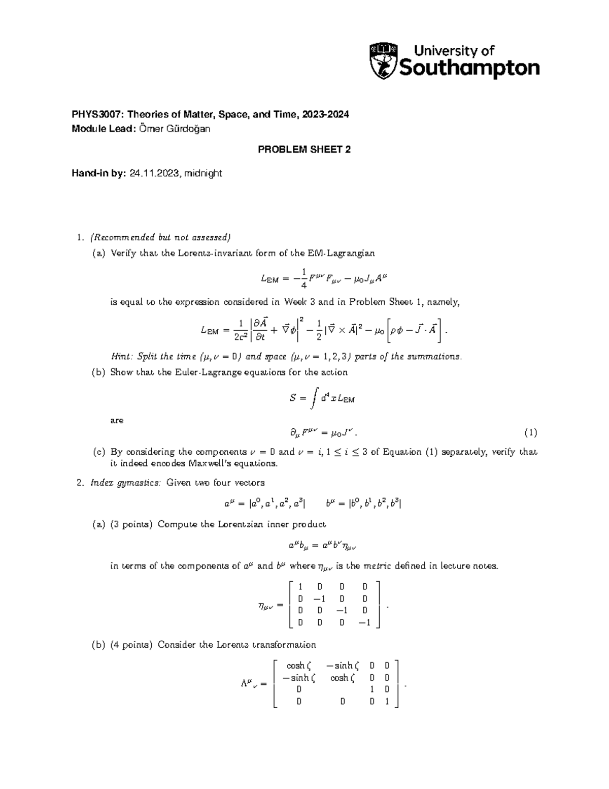 PHYS3007: Problem Sheet 2 on Theories of Matter and Electromagnetism ...