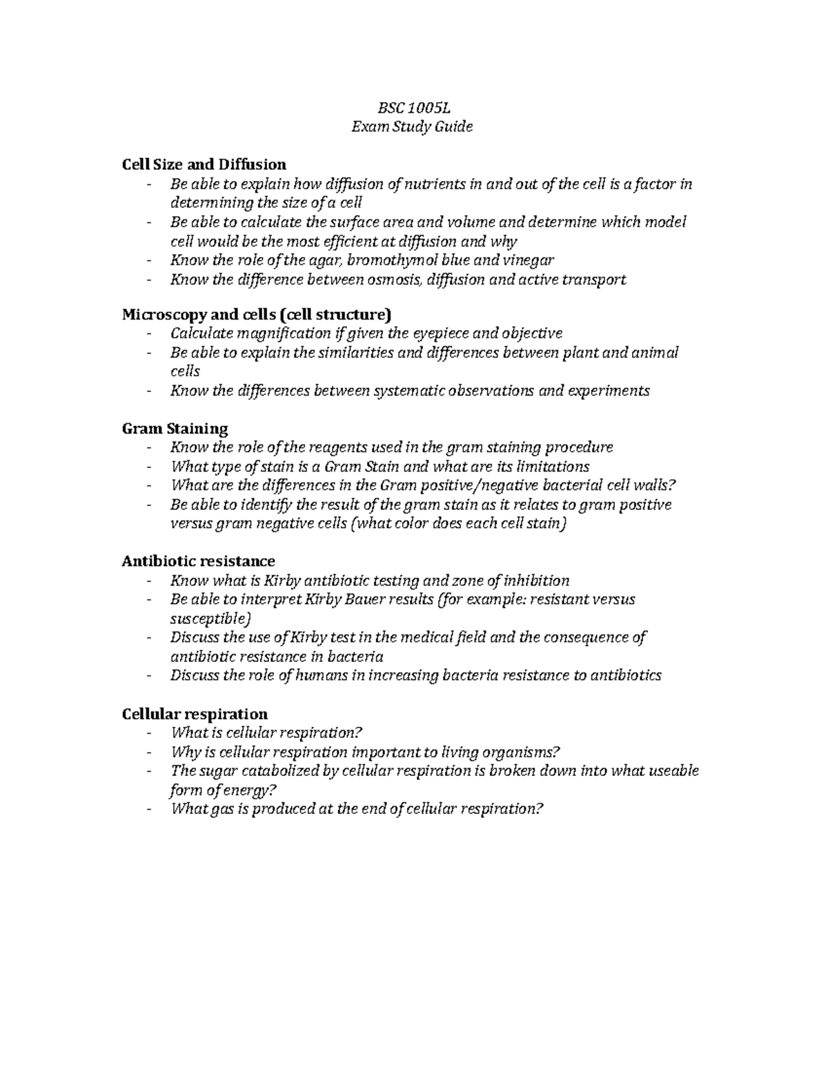 BSC1005L Final Exam Study Guide: Cell Biology & Microscopy Topics - Studocu