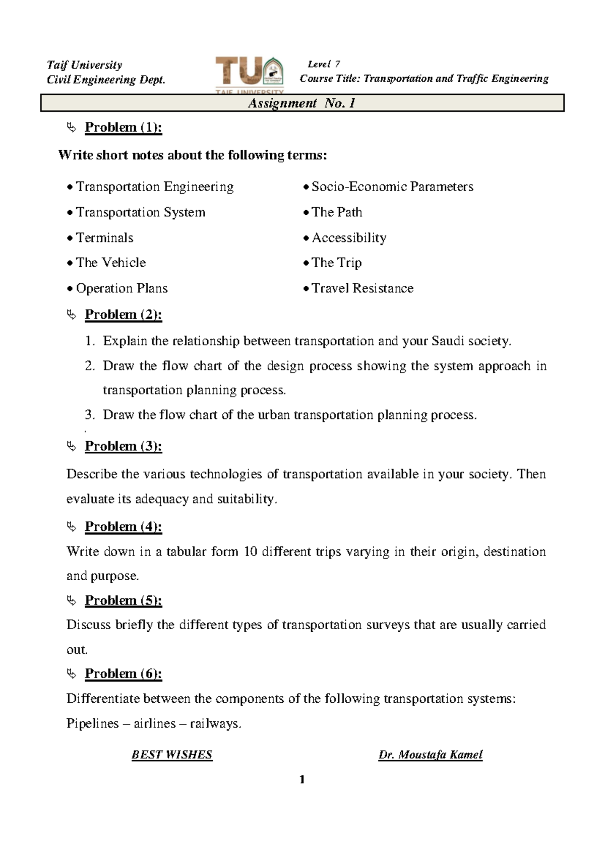 Assignment 1 - Intro to Transportation Engineering Concepts - Studocu