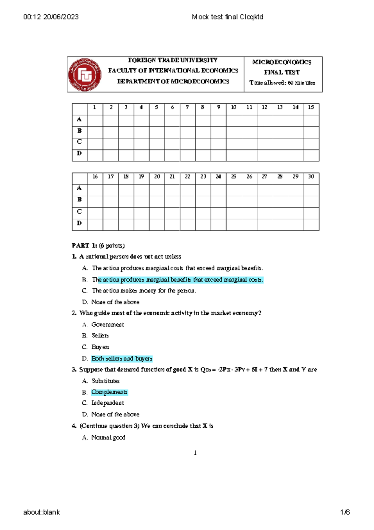 Microeconomics Final Test - Mock Exam - FOREIGN TRADE UNIVERSITY - Studocu