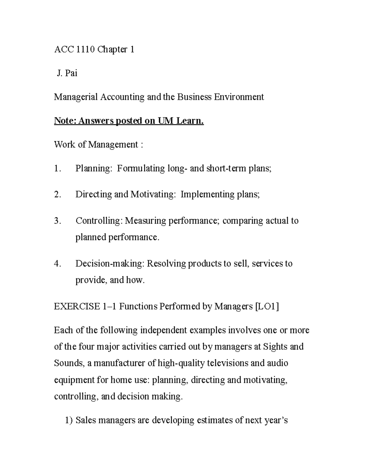 Ch 01 Notes - ACC Chapter 1 J. Pai Managerial Accounting and the ...