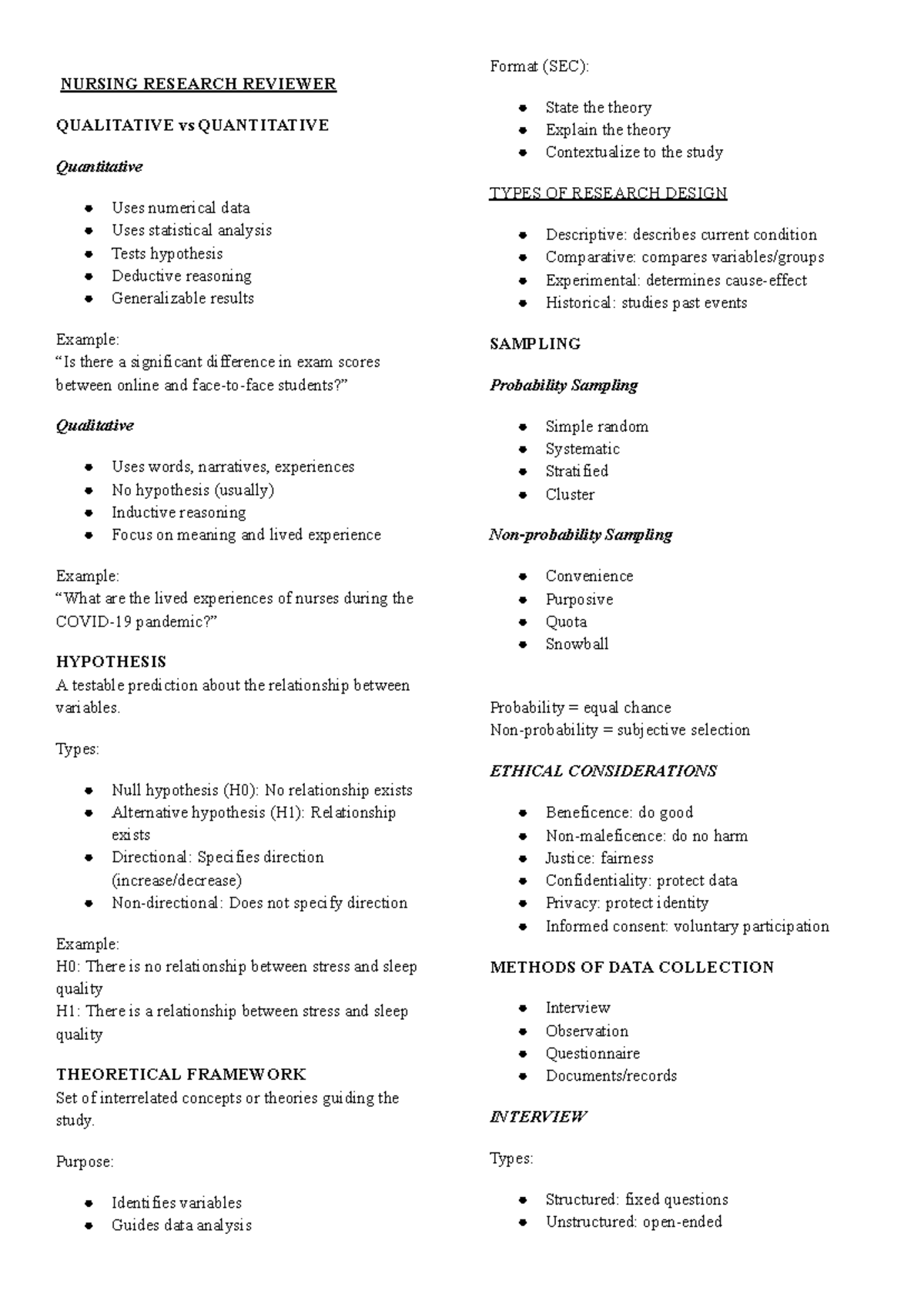 NURS 101: Qualitative vs Quantitative Research Review Guide - Studocu