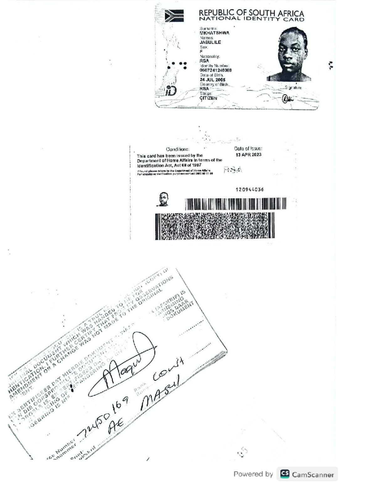 RSA National Identity Card Details for Jabulile Mkhatswa - Studocu