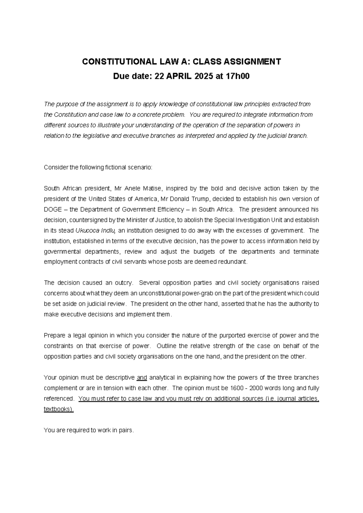 Constitutional Law A: Class Assignment on Separation of Powers - Studocu