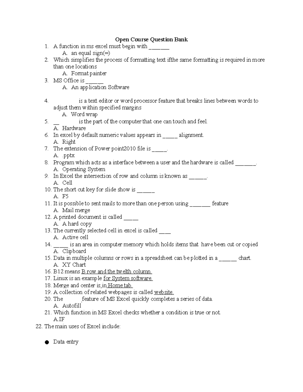 Module 4 - MS Excel: Comprehensive Question Bank - Studocu
