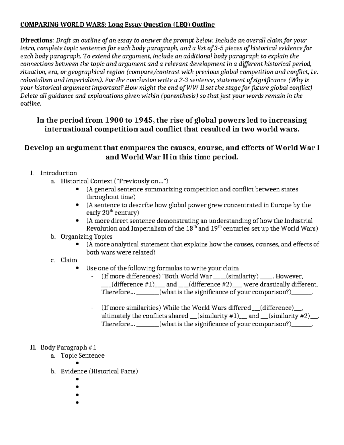 Leq outline comparing world wars - COMPARING WORLD WARS: Long Essay ...