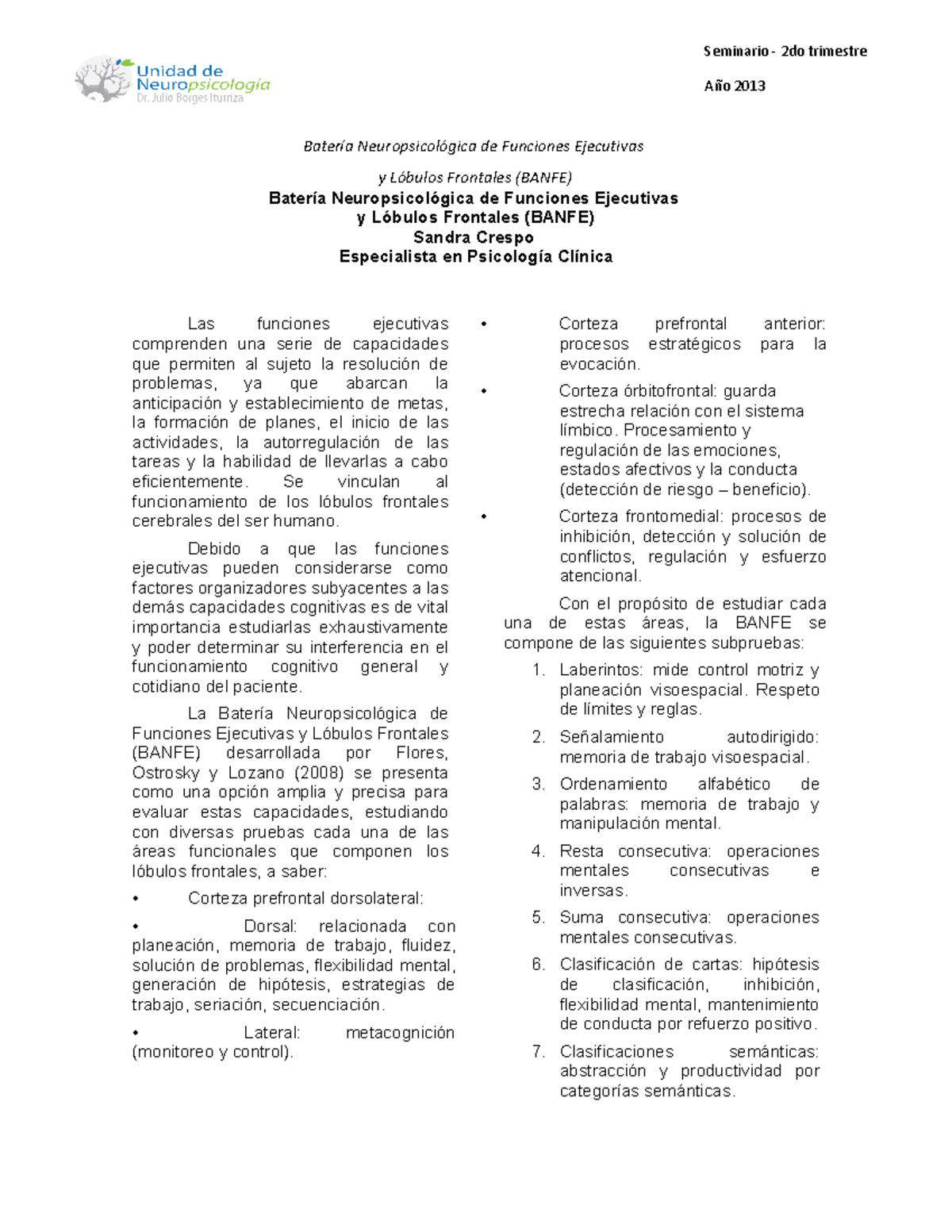 Batería Neuropsicológica BANFE: Funciones Ejecutivas y Lóbulos ...