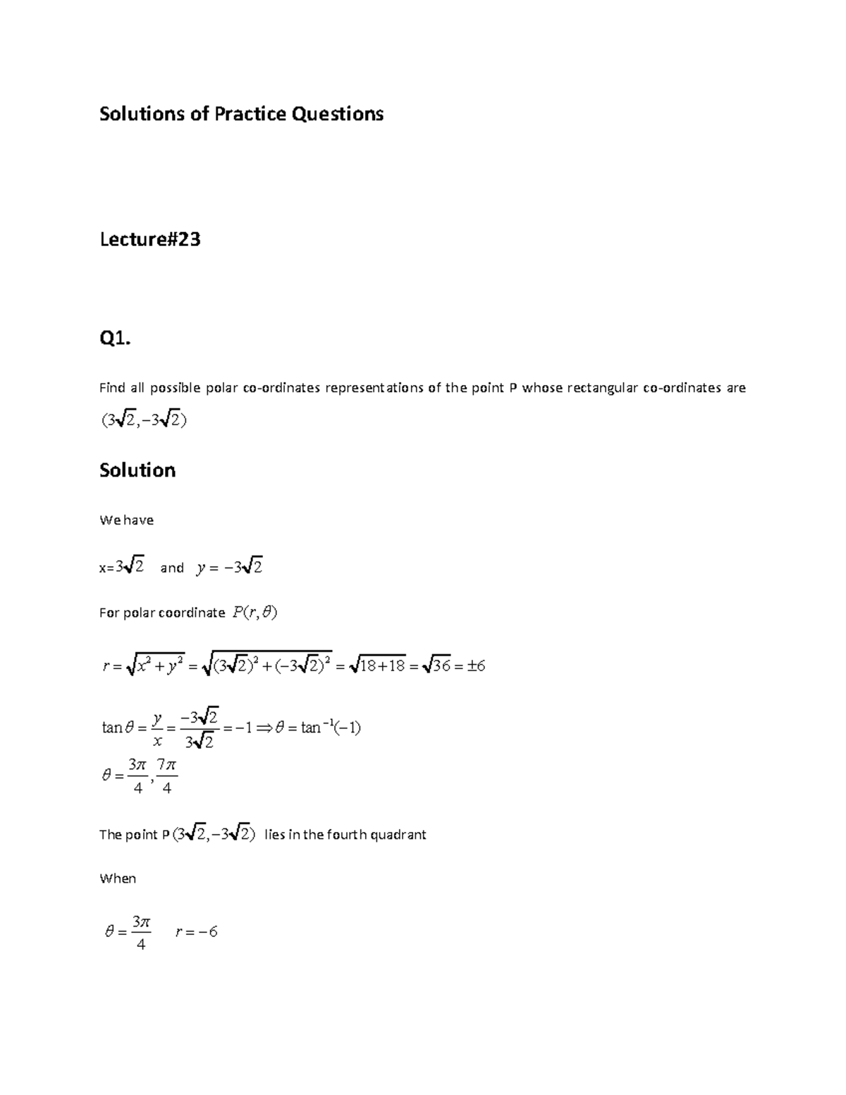 Practice Questions for Polar Coordinates and Integrals (Lecture 23-45 ...