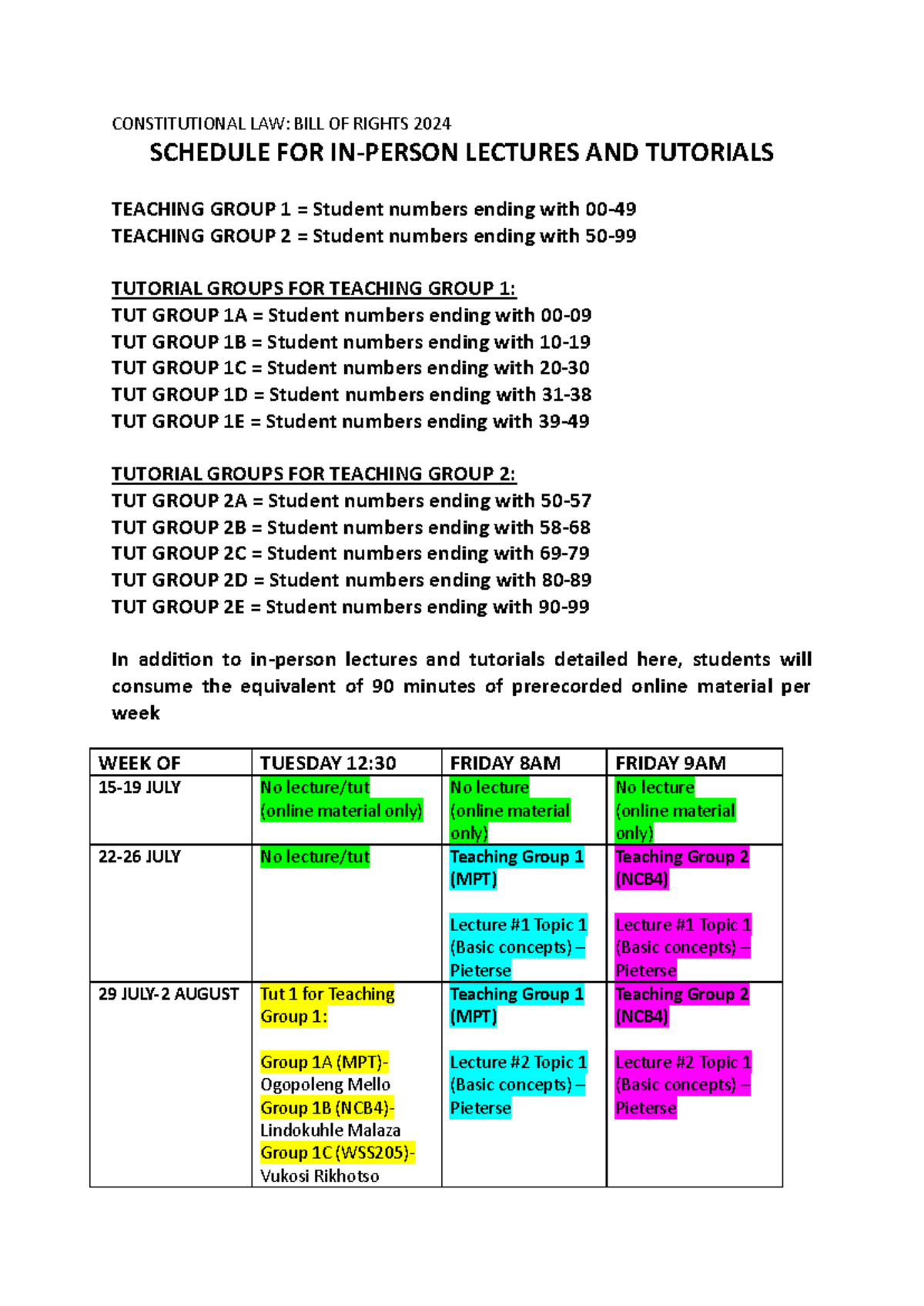 2024 Constitutional Law: Bill of Rights Lecture & Tutorial Schedule ...
