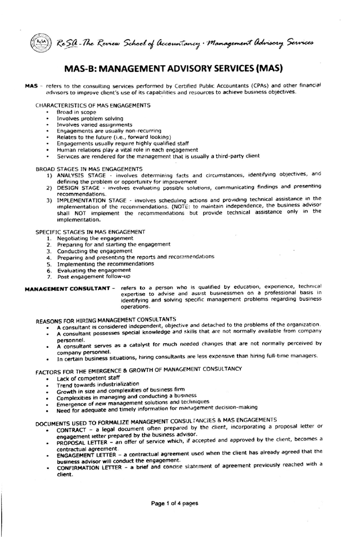 MAS-B - Management Advisory Services Overview from ReSa - Studocu