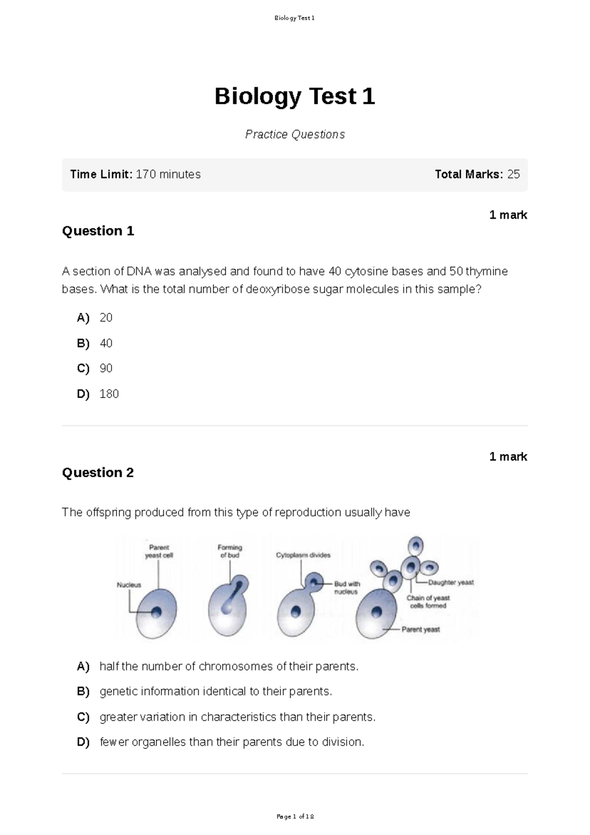 Biology Test 1 Practice Questions and Answers - Studocu