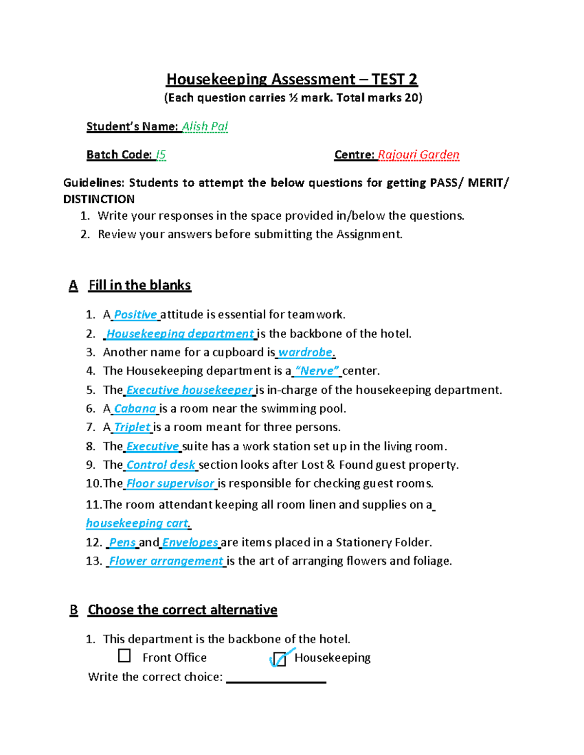 Housekeeping Assessment Test 2 - I5 Batch - Studocu