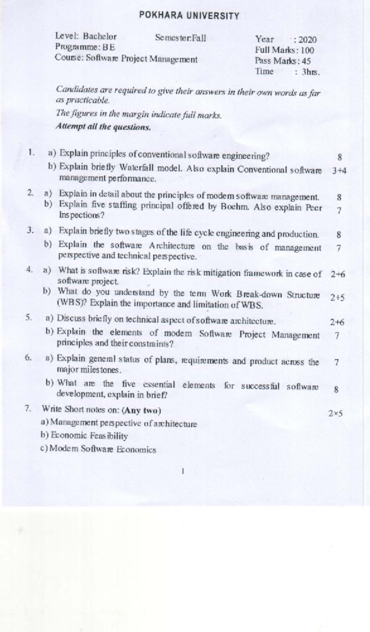 SPM-20 Fall - Software Project Management Past Exam Questions - Studocu