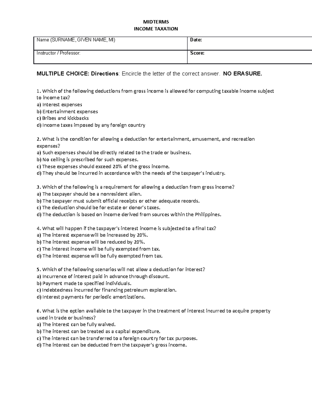 Midterms in Income Taxation: 50 Multiple Choice Questions - Studocu