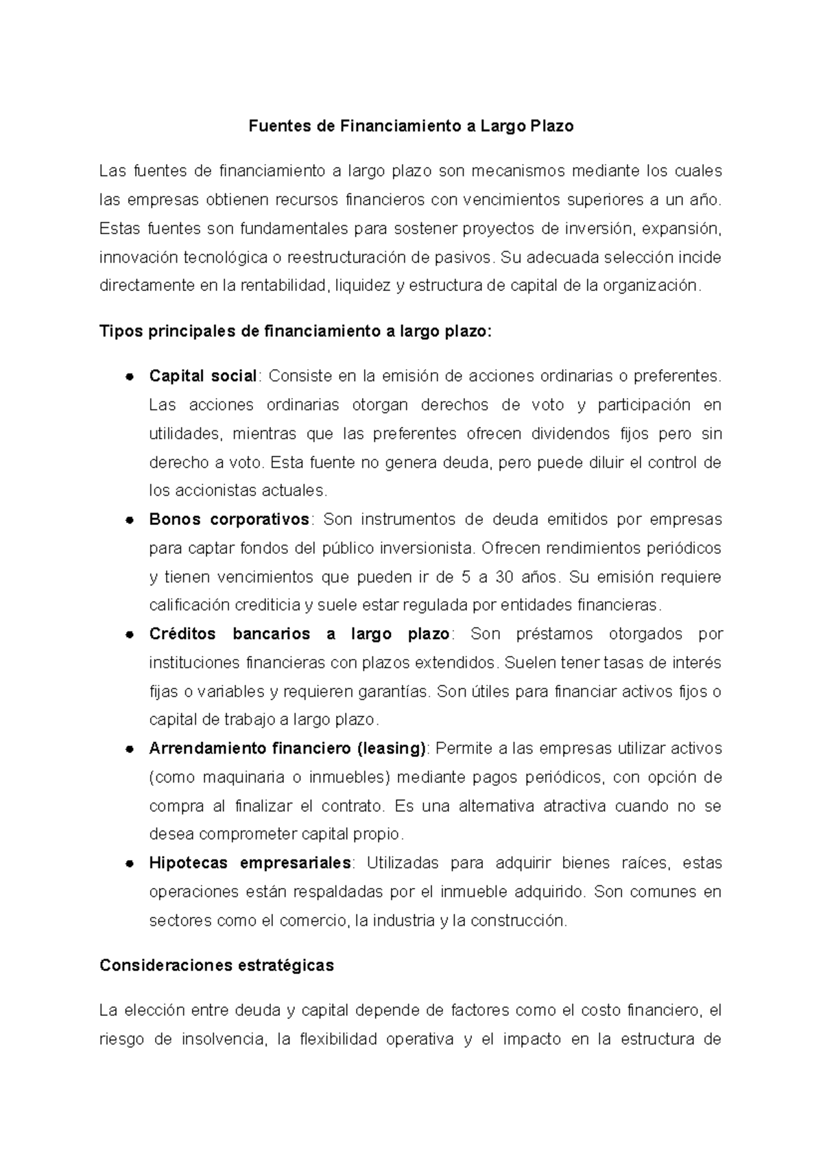 Fuentes de Financiamiento a Largo Plazo MAJO: Estrategias y Tipos - Studocu