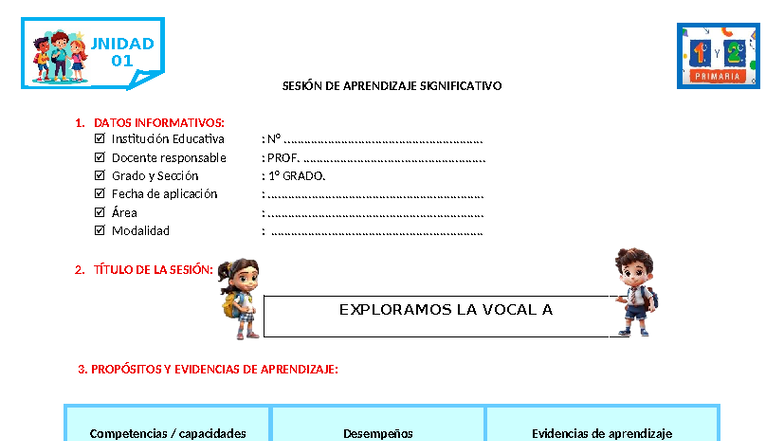 UNIDAD 01: SESIÓN DE APRENDIZAJE SOBRE LA VOCAL A - 1° GRADO - Studocu