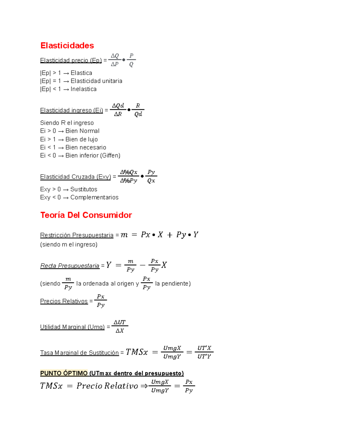 Formulas de Elasticidad y Teoría del Consumidor - Microecon 101 - Studocu