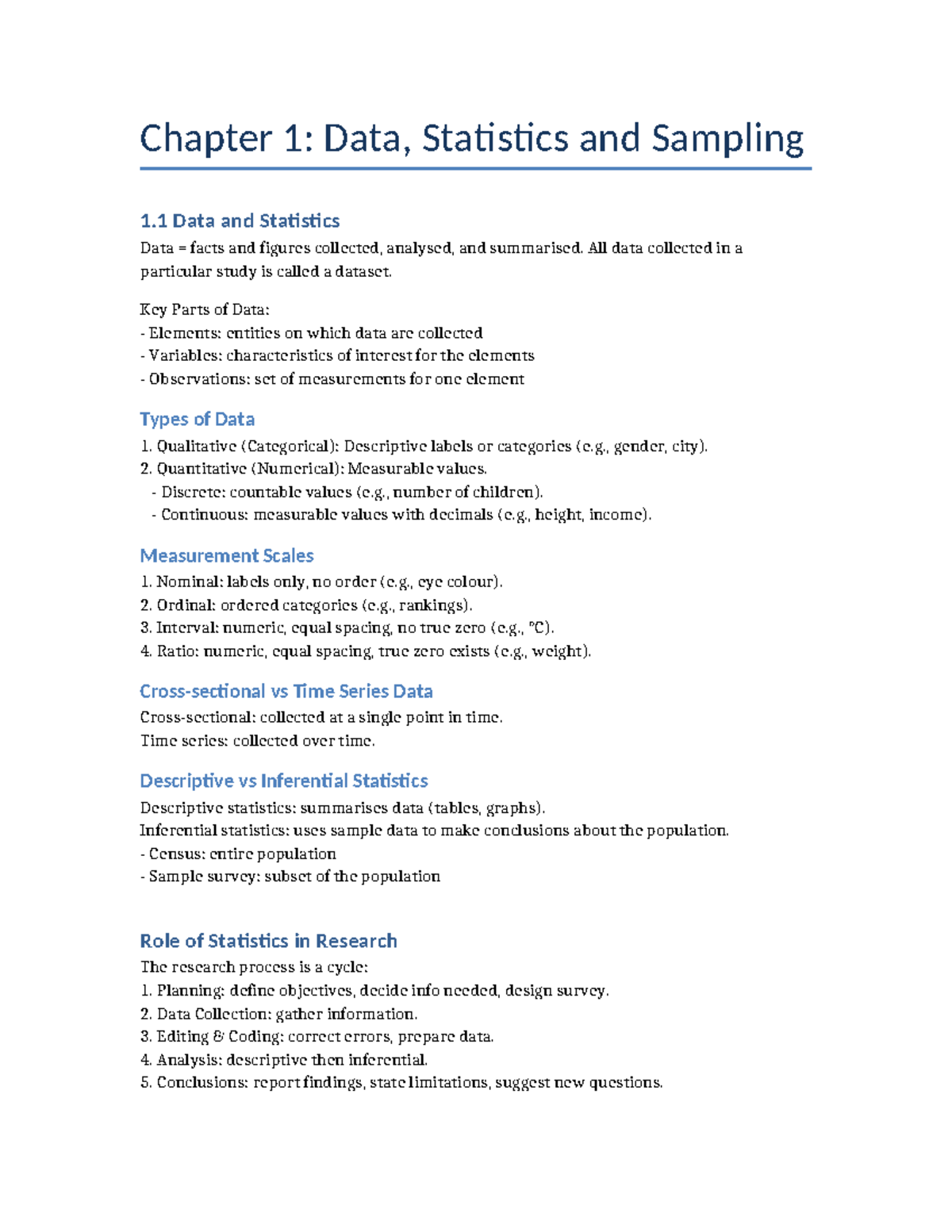 Chapter 1: Data, Statistics, and Sampling Overview Notes - Studocu