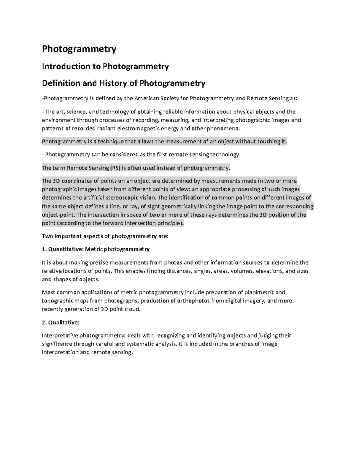 Photogrammetry - Comprehensive Lecture Notes and Historical Overview ...