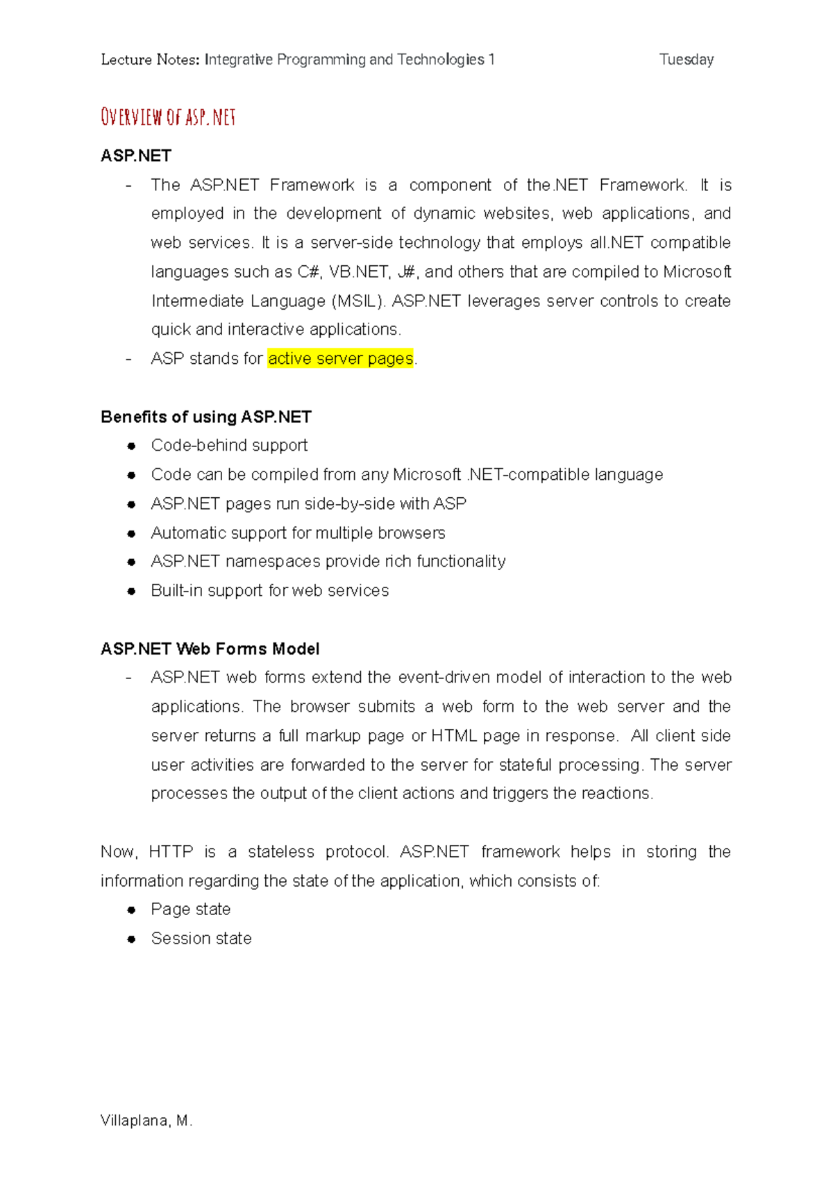Overview of ASP.net- Week4(Lecture Notes) - Lecture Notes: Integrative ...
