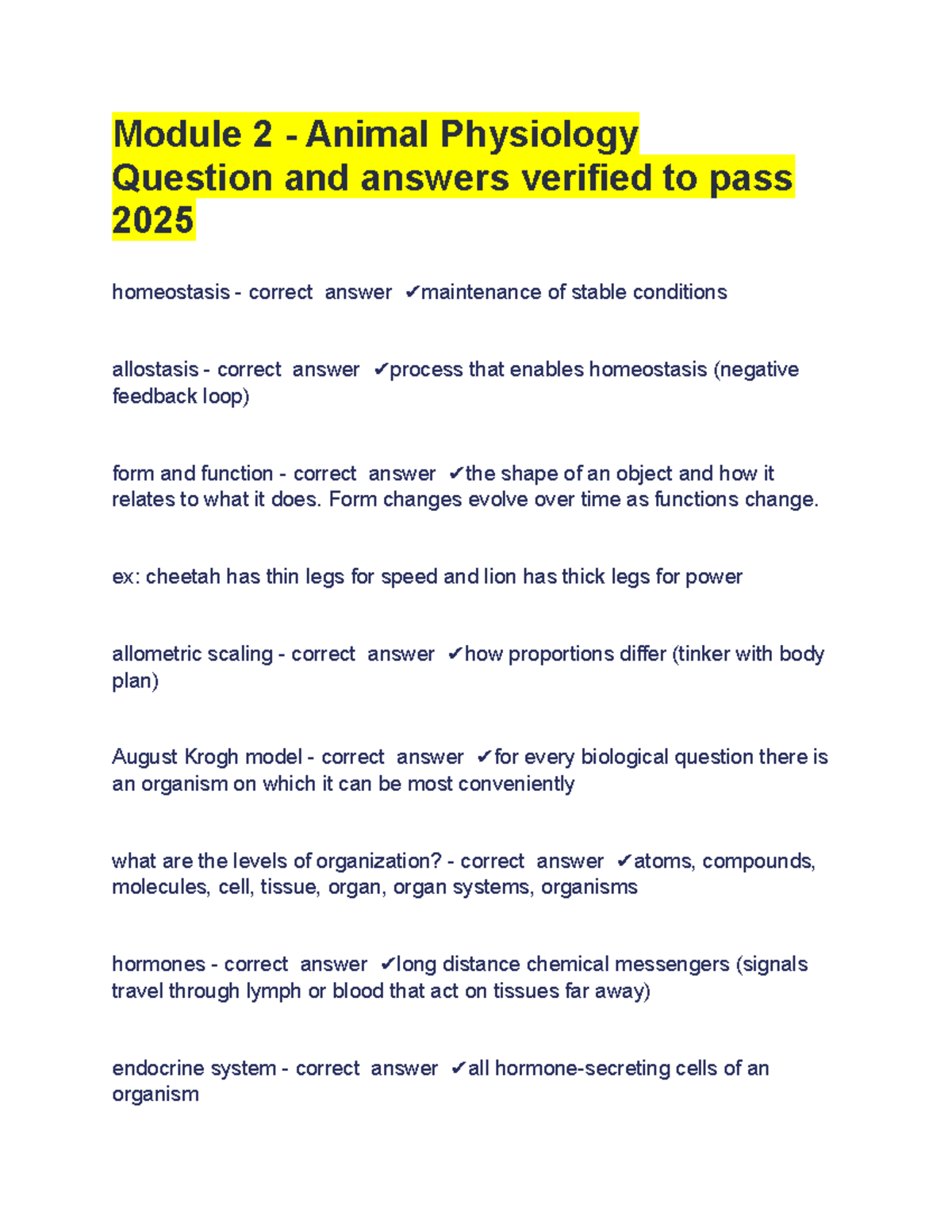Module 2: Animal Physiology Q&A for Homeostasis and Signaling - Studocu