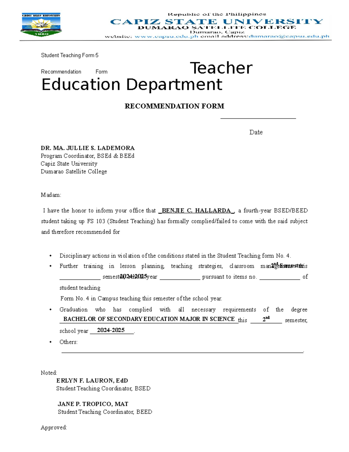 Student Teaching Form 5 - MA. JULLIE S. LADEMORA Program Coordinator ...