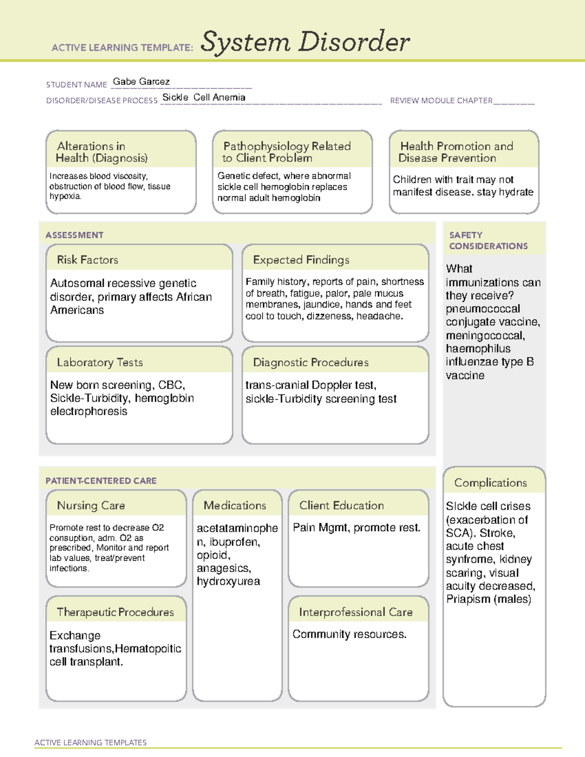 ATI Systems Disorder Template: Sickle Cell Anemia Notes 0929 Studocu